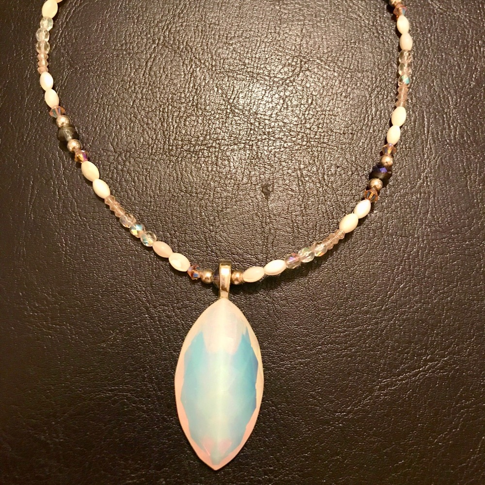 Handmade beaded necklace with opalite pendant